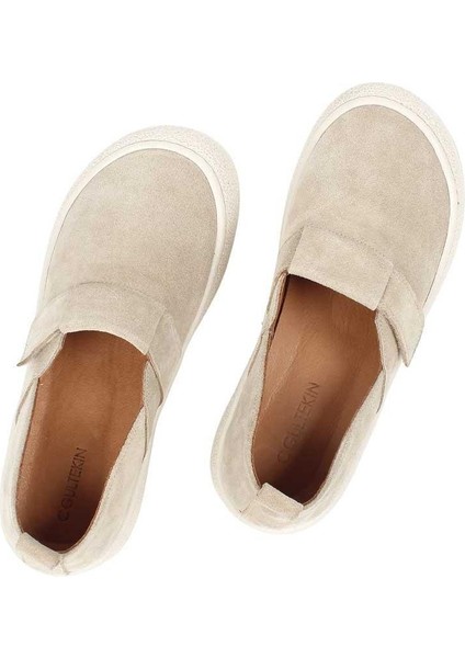 Kadın Bej Kalın Tabanlı Süet Deri Ayakkabı