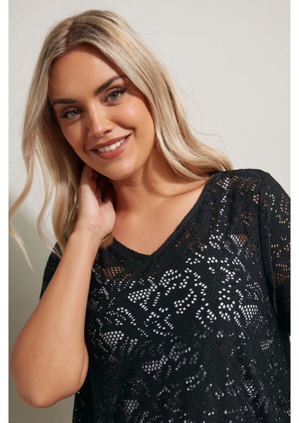 Büyük Beden V Yaka Sıfır Kol Astarsız Dantel T-Shirt 304094 fırsatları
