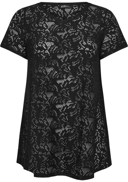 Büyük Beden V Yaka Sıfır Kol Astarsız Dantel T-Shirt 304094