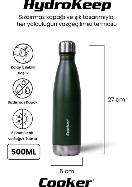 Hydrokeep 500 ml Paslanmaz Çelik Termos – Çift Kat Vakumlu, Sızdırmaz Kapaklı, 6 Saat Sıcak & Soğuk Tutma” fiyatları