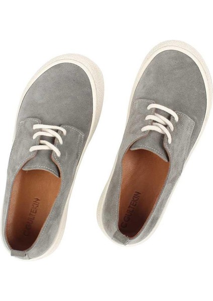 Kadın Gri Bağcıklı Kalın Tabanlı Süet Deri Ayakkabı