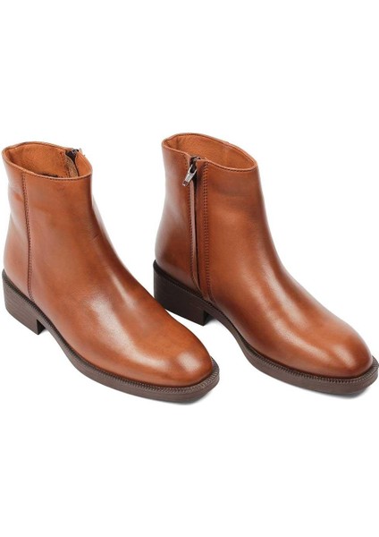 Kadın Taba Fermuarlı Kalın Topuklu Deri Bot