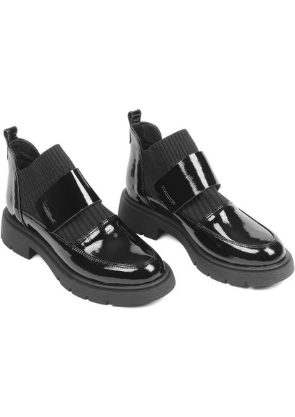 Kadın Siyah Triko Detaylı Rugan Deri Bot