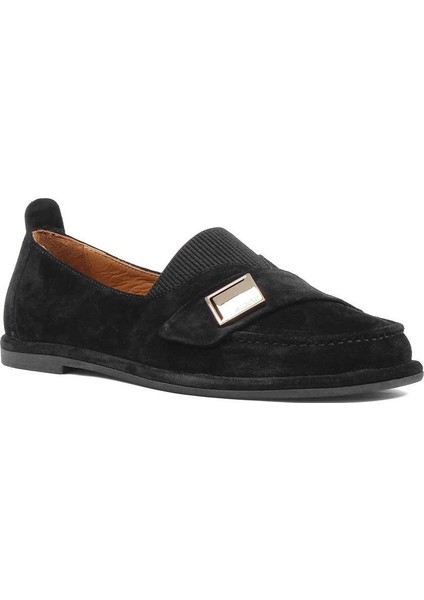 Kadın Siyah Tokalı Süet Deri Loafer modelleri