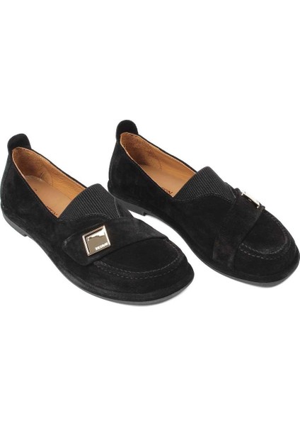 Kadın Siyah Tokalı Süet Deri Loafer