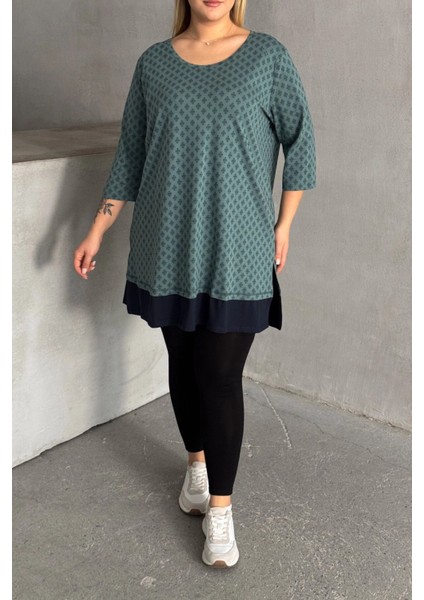 Büyük Beden Bisiklet Yaka Fakir Kol Yırtmaçlı Desenli Bluz 300400