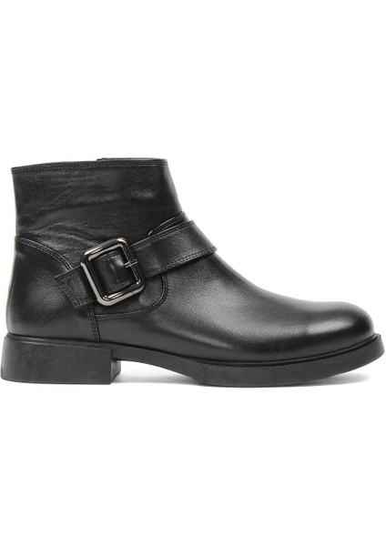 Kadın Siyah Fermuarlı Toka Detaylı Deri Bot