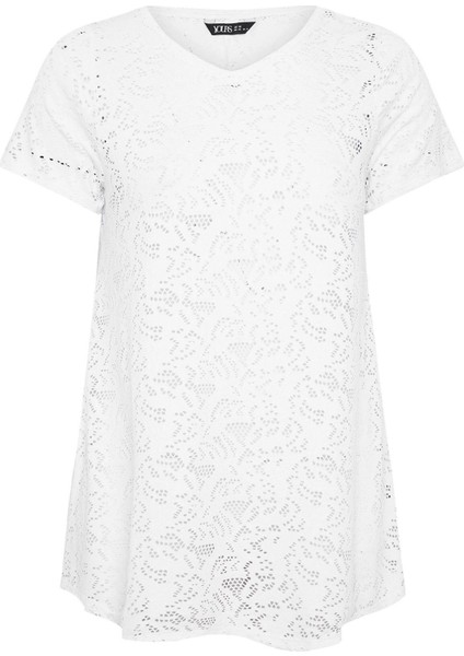 Büyük Beden V Yaka Kolsuz Astarsız Dantel T-Shirt 304092