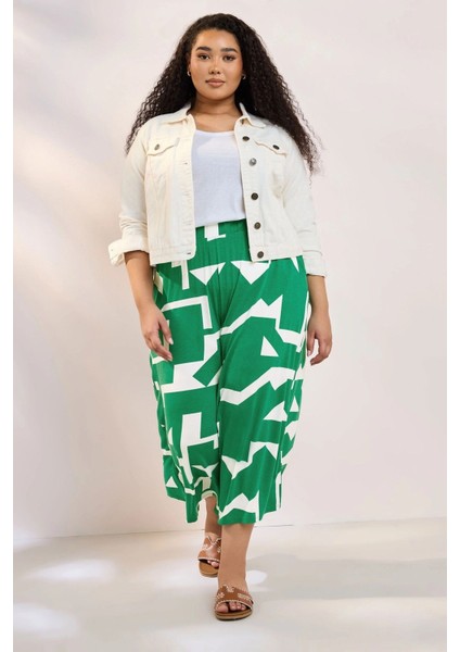 Büyük Beden Yüksek Bel Lastikli Cepli Bol Paça Kapri Pantolon 304118