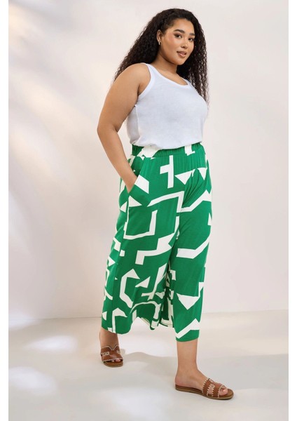 Büyük Beden Yüksek Bel Lastikli Cepli Bol Paça Kapri Pantolon 304118 fırsatları