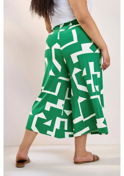 Büyük Beden Yüksek Bel Lastikli Cepli Bol Paça Kapri Pantolon 304118