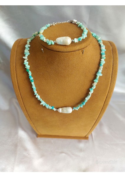 Doğal Amazonit Taşlı Iri Barok Inci Kolye Bileklik Seti