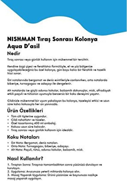 Tıraş Kolonyası Aqua D'asil 400 ml Uzun Süre Kalıcı Ferah Koku Tüm Ciltler İçin