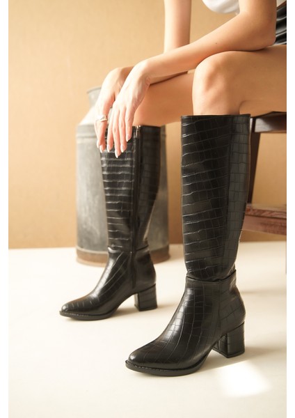 Morena Siyah Kroko Topuklu (5 cm Topuklu ) Yanı Fermuarlı Günlük Kullanım Çizme fırsatları