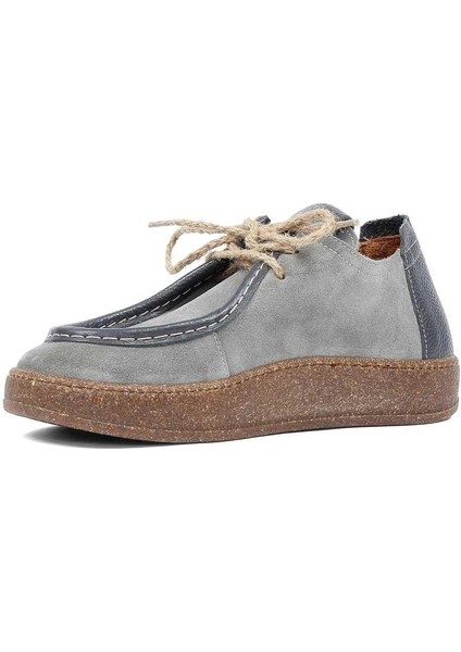 Kadın Gri Bağcıklı Kalın Tabanlı Süet Deri Ayakkabı fırsatları