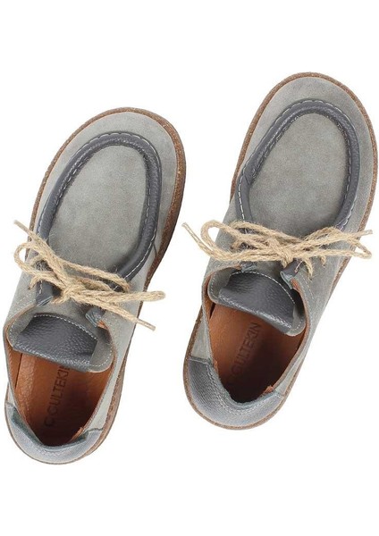 Kadın Gri Bağcıklı Kalın Tabanlı Süet Deri Ayakkabı