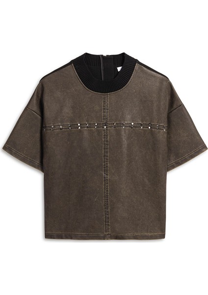 Deri Görünümlü Trok Baskılı Bluz TW6250006086022 indirimleri