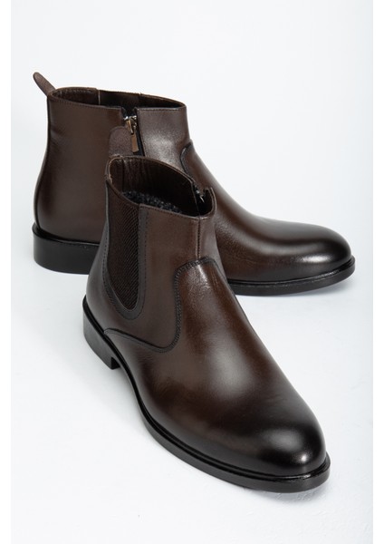 D2145 Hakiki Deri Içi Kürklü Fermuarlı Soğuk Geçirmez Erkek Bot