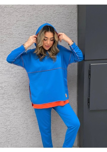 Mdb Kadın Indigo Kapşonlu Etek Ucu Detay Arma Ters Dikiş Gorunumlu Ikili Takım fırsatları