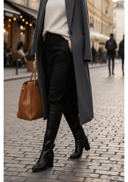 Sidney Siyah Deri Topuklu (7cm) Yanı Fermuarlı Günlük Kullanım Çizme