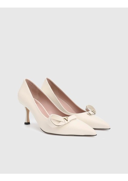 Merisa Hakiki Deri Bej Kadın Topuklu Ayakkabı