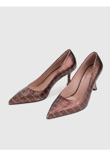 Clamra Hakiki Kroko Deri Kahverengi Kadın Topuklu Ayakkabı