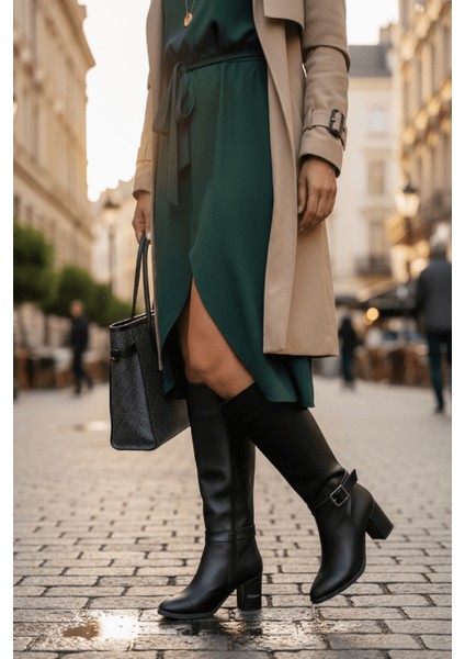 Sidney Siyah Deri Topuklu (7cm) Yanı Fermuarlı Günlük Kullanım Çizme fırsatları