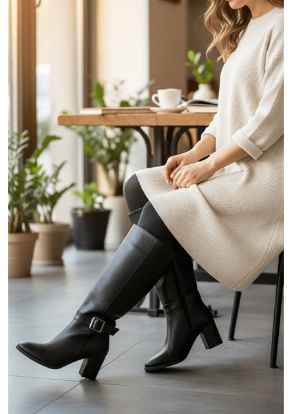 Sidney Siyah Deri Topuklu (7cm) Yanı Fermuarlı Günlük Kullanım Çizme indirimleri