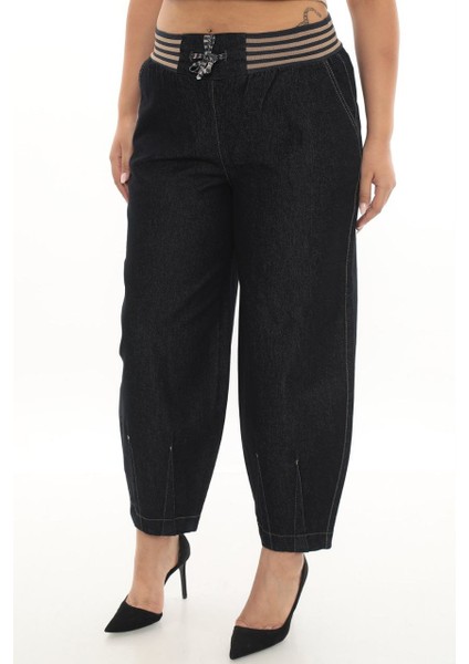 Büyük Beden Kadın Mom Fit Yüksek Bel Beli Lastikli Kot Pantolon