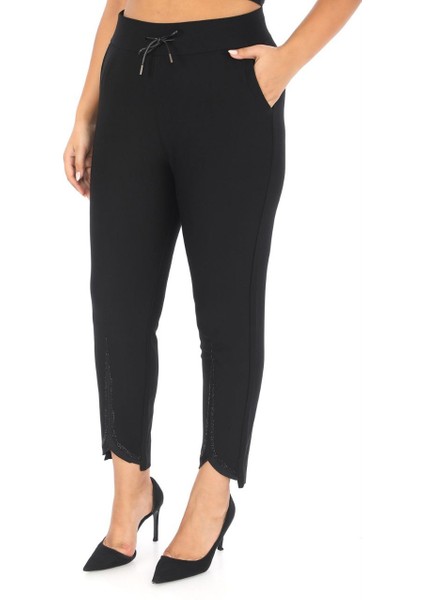 Büyük Beden Kadın Toparlayıcı Beli Lastikli Dar Paça Paçası Taşlı Ekstra Battal Pantolon