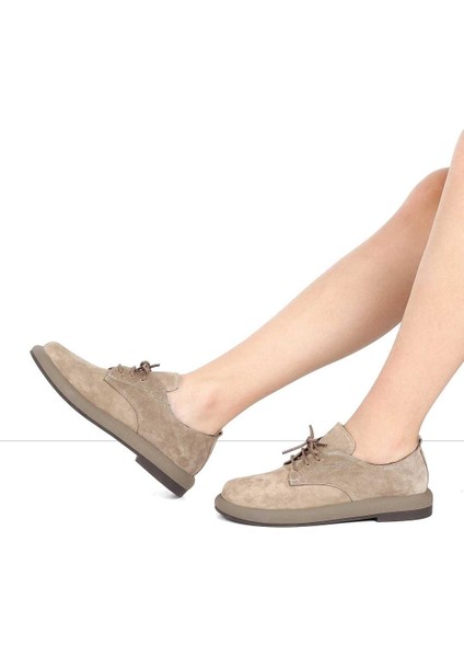 Kadın Kum Bağcıklı Kalın Tabanlı Süet Deri Ayakkabı