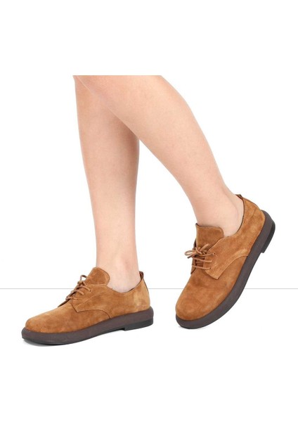 Kadın Taba Bağcıklı Kalın Tabanlı Süet Deri Ayakkabı