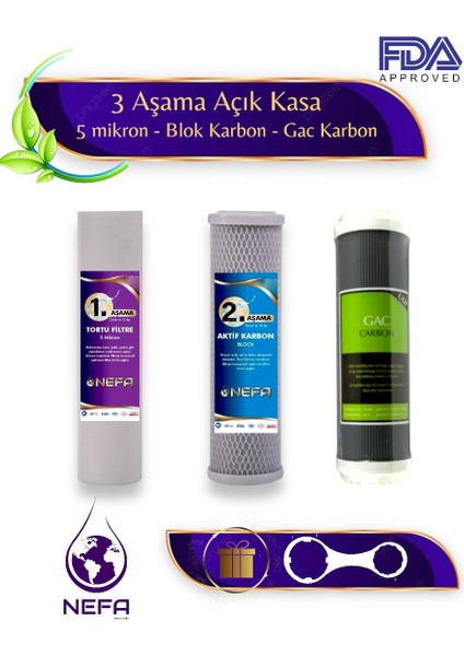 10 Inç Su Arıtma 3'lü Filtre Seti, 5 Mikron - Granül Karbon - Aktif Karbon