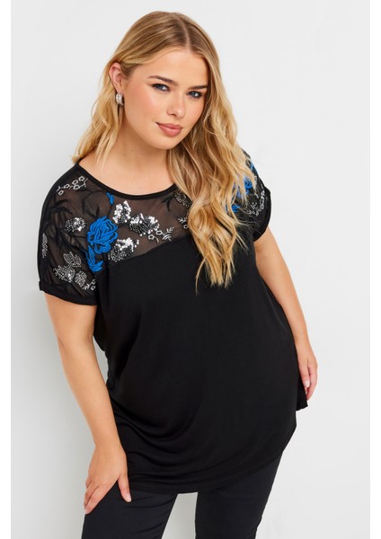 Büyük Beden Bisiklet Yaka Kısa Kollu Payet Detaylı Bluz 303443