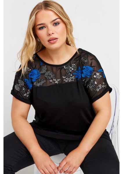 Büyük Beden Bisiklet Yaka Kısa Kollu Payet Detaylı Bluz 303443 fiyatları