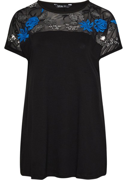 Büyük Beden Bisiklet Yaka Kısa Kollu Payet Detaylı Bluz 303443