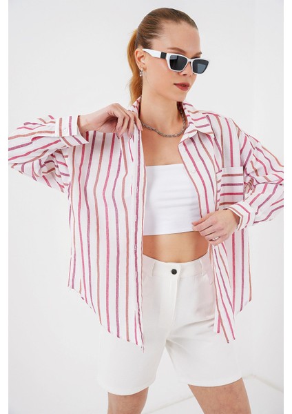 Kadın BDART Cep Detaylı Oversize Çizgili Pamuklu Gömlek Red