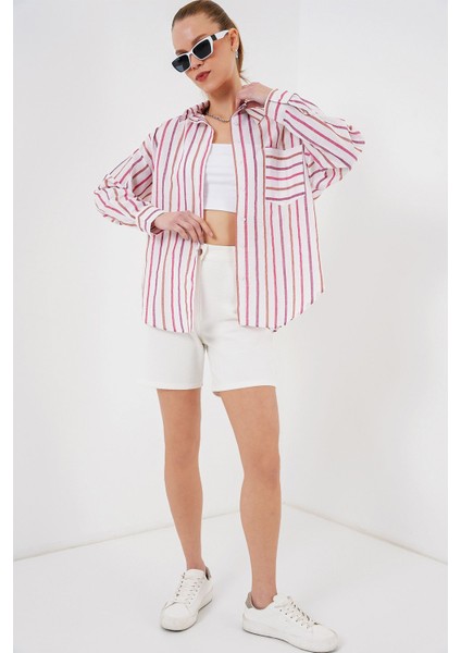 Kadın BDART Cep Detaylı Oversize Çizgili Pamuklu Gömlek Red fiyatları