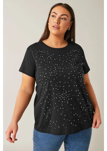 Büyük Beden Bisiklet Yaka Kısa Kollu Taş Yapıştırma Basic T-Shirt 615350