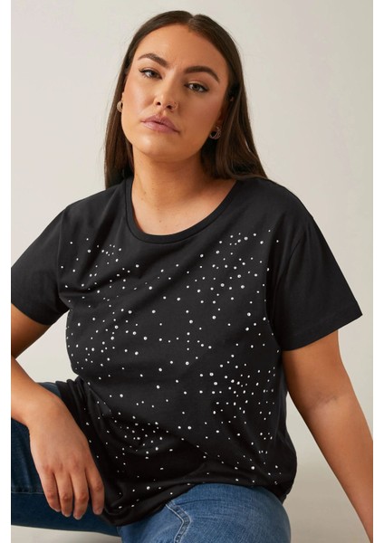 Büyük Beden Bisiklet Yaka Kısa Kollu Taş Yapıştırma Basic T-Shirt 615350 fiyatları