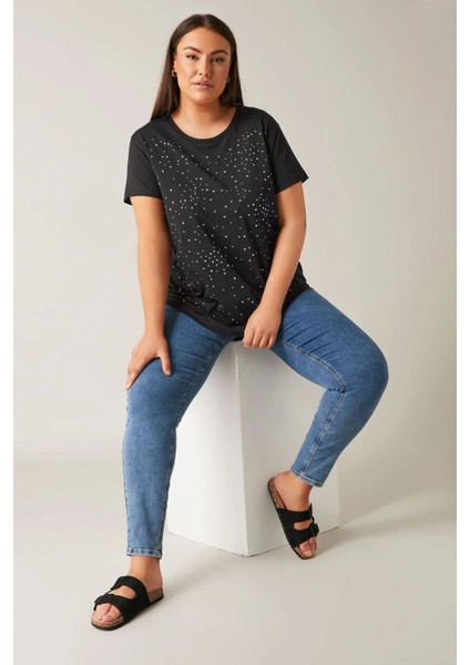 Büyük Beden Bisiklet Yaka Kısa Kollu Taş Yapıştırma Basic T-Shirt 615350 fırsatları