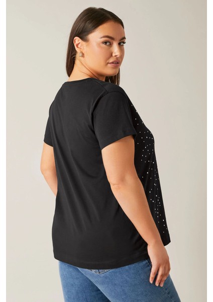 Büyük Beden Bisiklet Yaka Kısa Kollu Taş Yapıştırma Basic T-Shirt 615350 indirimleri