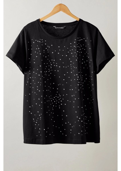 Büyük Beden Bisiklet Yaka Kısa Kollu Taş Yapıştırma Basic T-Shirt 615350