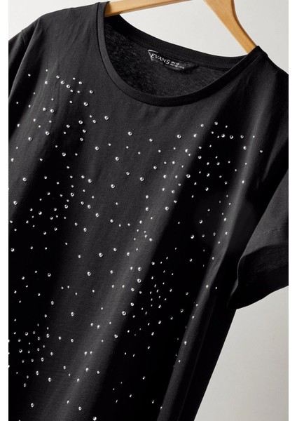 Büyük Beden Bisiklet Yaka Kısa Kollu Taş Yapıştırma Basic T-Shirt 615350