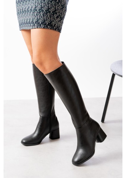 Oleda Siyah Deri Topuklu (6 Cm) Yanı Fermuarlı Günlük Kullanım Çizme