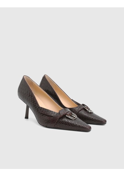 Marimor Hakiki Baskılı Deri Kahverengi Kadın Topuklu Ayakkabı