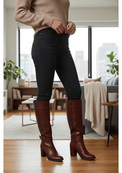 Sidney Kahverengi Deri Topuklu (7cm) Yanı Fermuarlı Günlük Kullanım Çizme