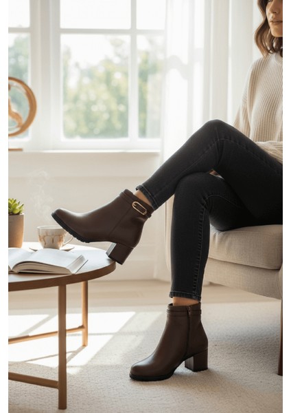 Rober Kahverengi Tokalı Deri ( 5 cm Topuklu ) Günlük Kullanım Kadın Botu fiyatları