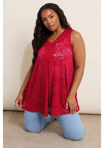 Büyük Beden V Yaka Sıfır Kol Astarsız Dantel T-Shirt 304104