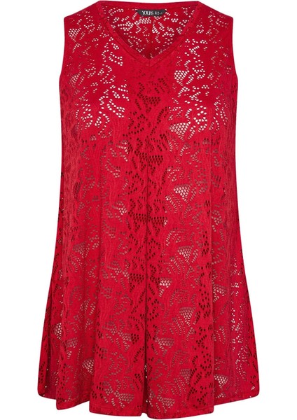 Büyük Beden V Yaka Sıfır Kol Astarsız Dantel T-Shirt 304104